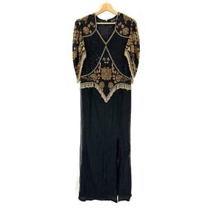 Tan-Chho Vintage Sequin Beaded Pure Silk Black Gold Maxi Dress